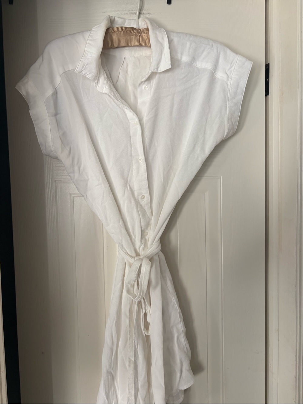 White Button-Front Tie-Waist Shirt Dress